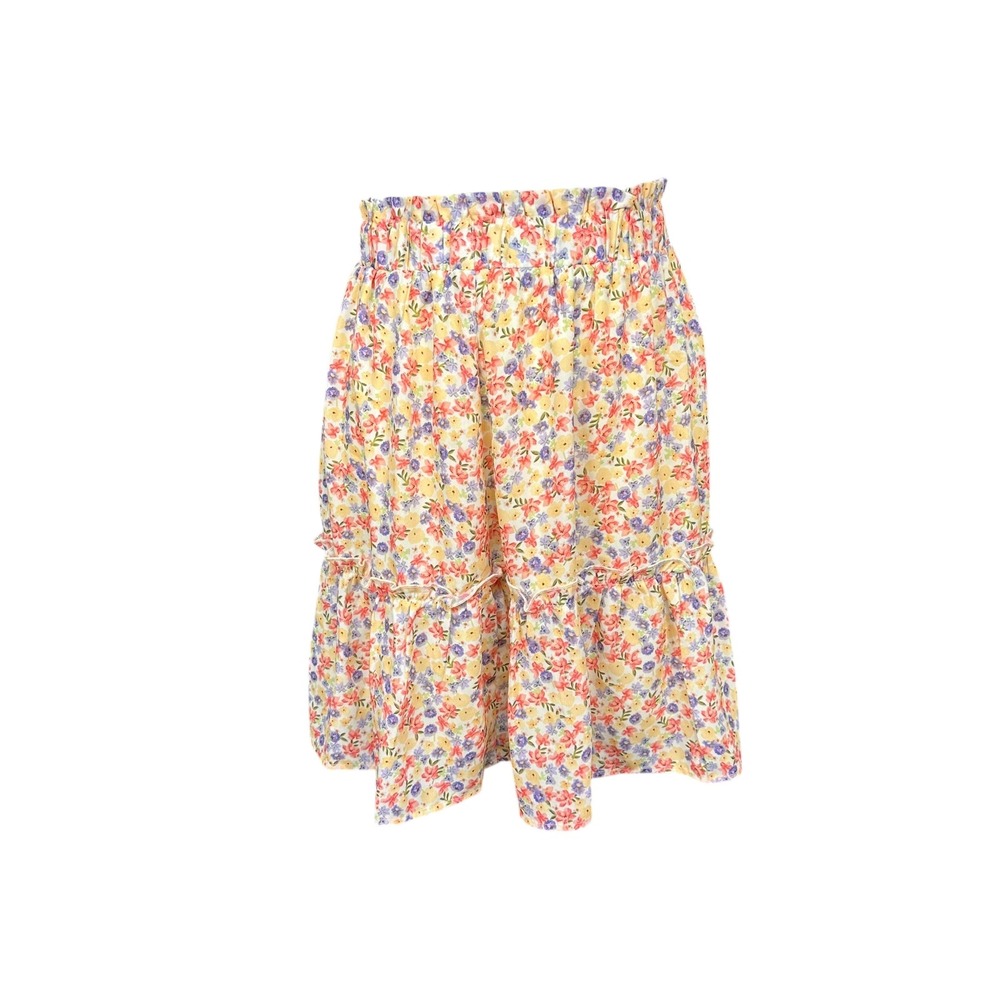 Floral Tiered Ruffle Skirt Yellow Smocked Paperbag‎ Waist XL Boho Cottagecore